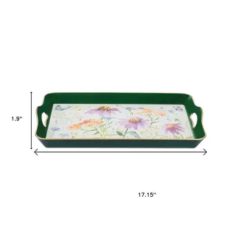 17" Green And White Watercolor Floral Serving Tray With Handles