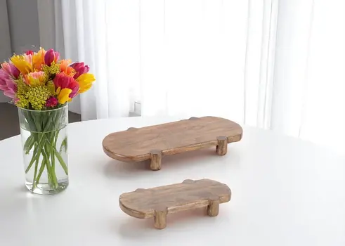 Set of Two Natural Solid Wood Oval Risers