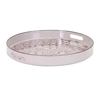 14" Cream And Gray Geometric Pad Print Round Serving Tray With Handles