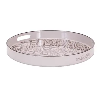 14" Cream And Gray Geometric Pad Print Round Serving Tray With Handles