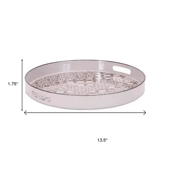 14" Cream And Gray Geometric Pad Print Round Serving Tray With Handles