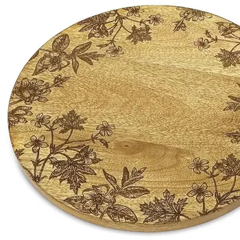 Set of Two 12" Brown Solid Wood Floral Round Serving Trays