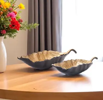 Set of Two 25" Black And Gold Cast Aluminum Rustic Leaf Centerpiece Bowls