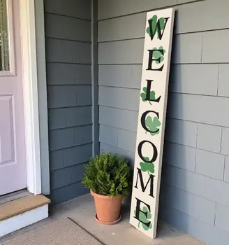 72" Off White Black And Green Solid Wood Shamrock Welcome Porch Sign