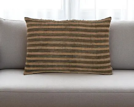 16" X 24" Cool Gray And Beige Lumbar Striped Jute Throw Pillow
