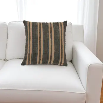 20" Cool Gray And Beige Striped Jute Throw Pillow