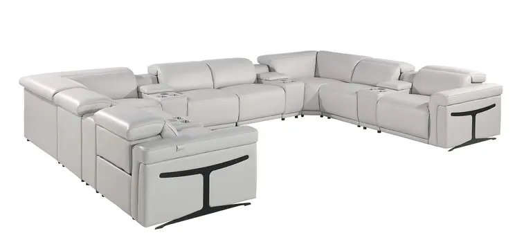 Light Gray Italian Leather Power Reclining U Shaped Twelve Piece Sectional With Console