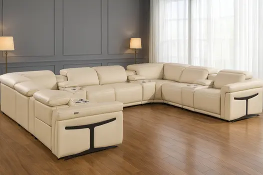 Beige Italian Leather Power Reclining U Shaped Twelve Piece Sectional With Console