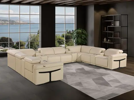 Beige Italian Leather Power Reclining U Shaped Twelve Piece Sectional With Console