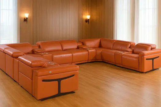 Camel Italian Leather Power Reclining U Shaped Twelve Piece Sectional With Console