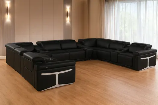 Black Italian Leather Power Reclining U Shaped Twelve Piece Sectional With Console