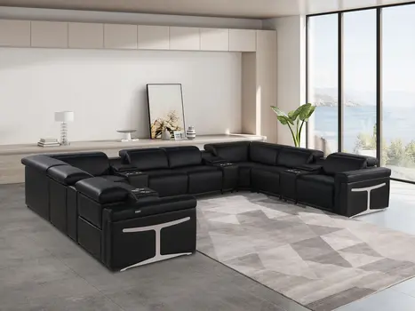 Black Italian Leather Power Reclining U Shaped Twelve Piece Sectional With Console