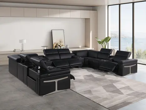 Black Italian Leather Power Reclining U Shaped Twelve Piece Sectional With Console
