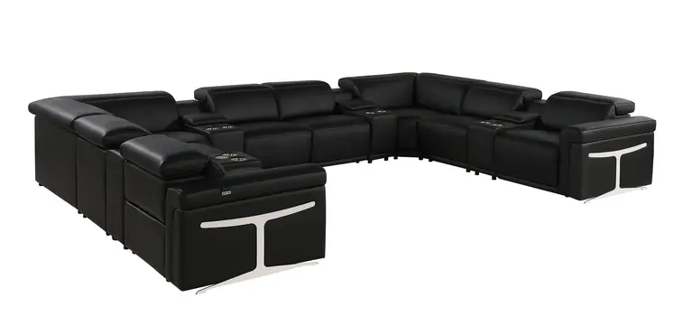 Black Italian Leather Power Reclining U Shaped Twelve Piece Sectional With Console