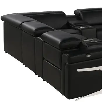 Black Italian Leather Power Reclining U Shaped Twelve Piece Sectional With Console