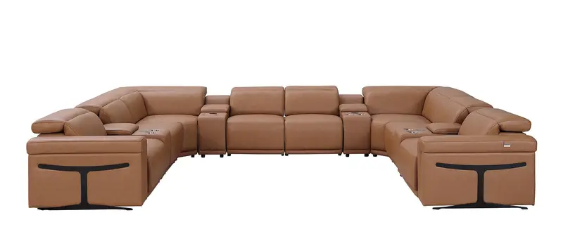 Chestnut Italian Leather Power Reclining U Shaped Twelve Piece Sectional With Console