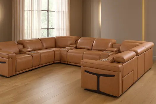 Chestnut Italian Leather Power Reclining U Shaped Twelve Piece Sectional With Console