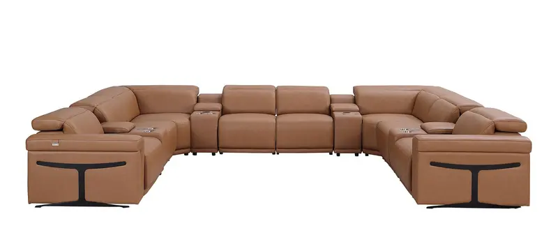 Chestnut Italian Leather Power Reclining U Shaped Twelve Piece Sectional With Console