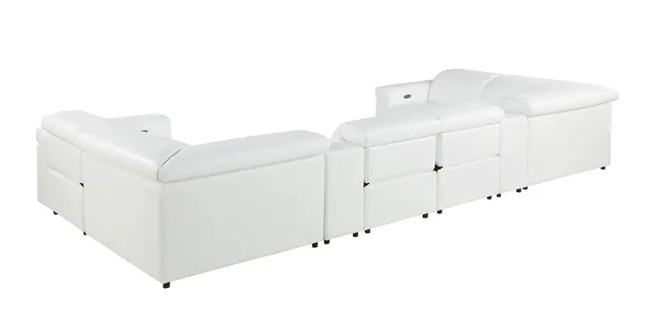 White Italian Leather Power Reclining U Shaped Eight Piece Sectional With Console