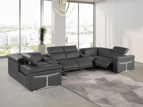 Dark Gray Italian Leather Power Reclining U Shaped Eight Piece Sectional With Console