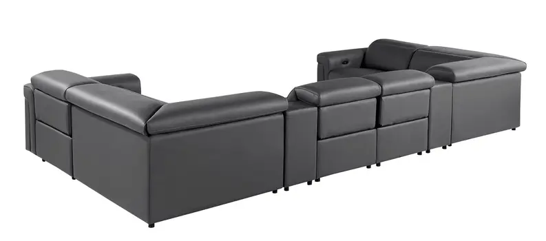 Dark Gray Italian Leather Power Reclining U Shaped Eight Piece Sectional With Console