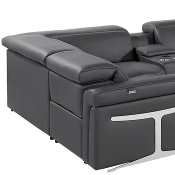 Dark Gray Italian Leather Power Reclining U Shaped Eight Piece Sectional With Console
