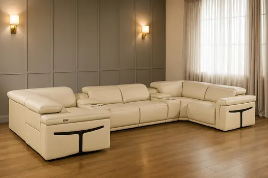 Beige Italian Leather Power Reclining U Shaped Eight Piece Sectional With Console