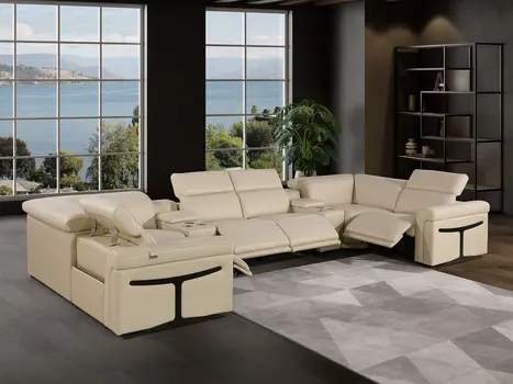 Beige Italian Leather Power Reclining U Shaped Eight Piece Sectional With Console