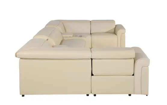 Beige Italian Leather Power Reclining U Shaped Eight Piece Sectional With Console