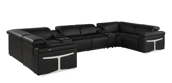 Black Italian Leather Power Reclining U Shaped Eight Piece Sectional With Console