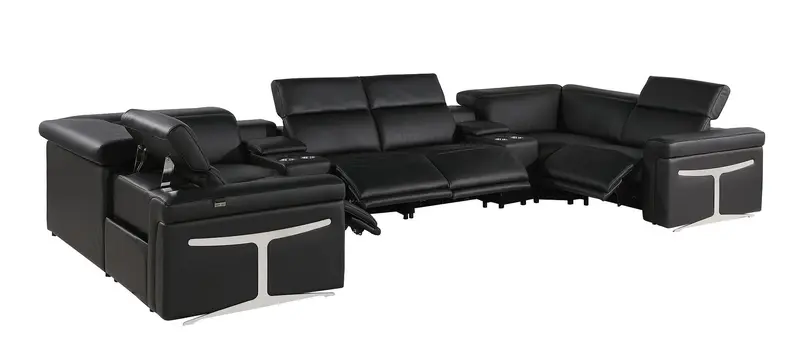 Black Italian Leather Power Reclining U Shaped Eight Piece Sectional With Console