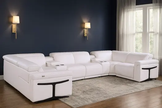 White Italian Leather Power Reclining U Shaped Eight Piece Corner Sectional With Console
