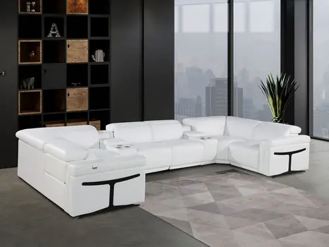 White Italian Leather Power Reclining U Shaped Eight Piece Corner Sectional With Console