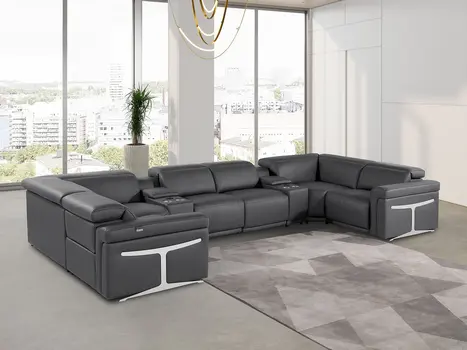 Dark Gray Italian Leather Power Reclining U Shaped Eight Piece Corner Sectional With Console