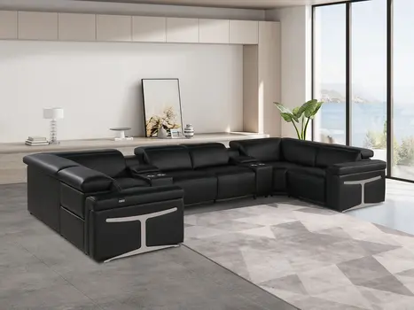 Black Italian Leather Power Reclining U Shaped Eight Piece Corner Sectional With Console