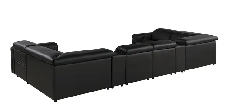Black Italian Leather Power Reclining U Shaped Eight Piece Corner Sectional With Console