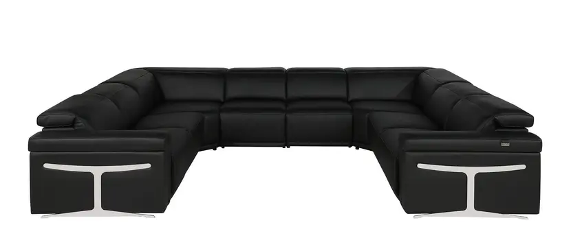 Black Italian Leather Power Reclining U Shaped Eight Piece Corner Sectional With Console