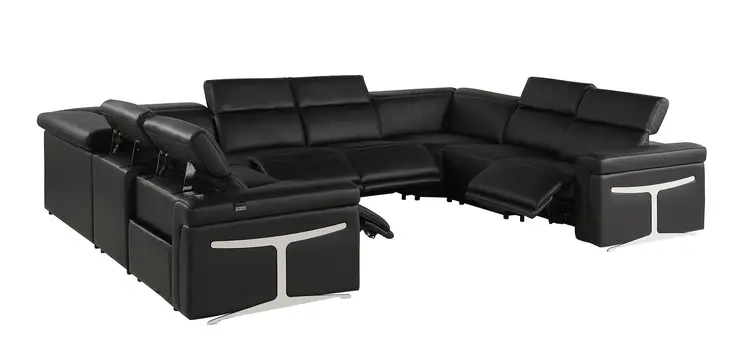 Black Italian Leather Power Reclining U Shaped Eight Piece Corner Sectional With Console