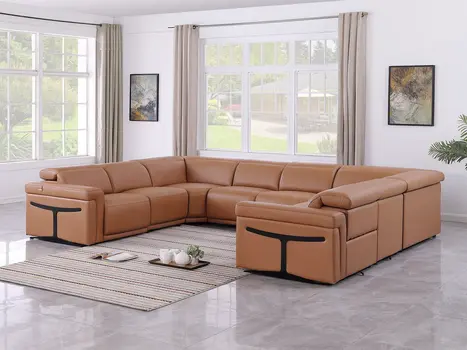 Chestnut Italian Leather Power Reclining U Shaped Eight Piece Corner Sectional With Console