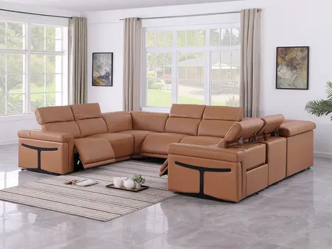 Chestnut Italian Leather Power Reclining U Shaped Eight Piece Corner Sectional With Console