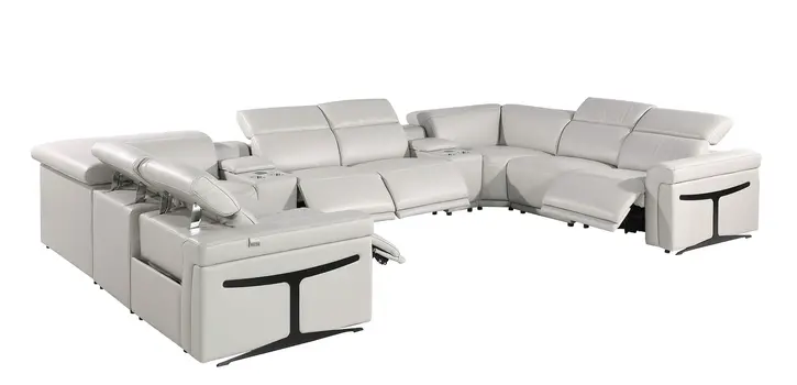 Light Gray Italian Leather Power Reclining U Shaped Ten Piece Corner Sectional With Console
