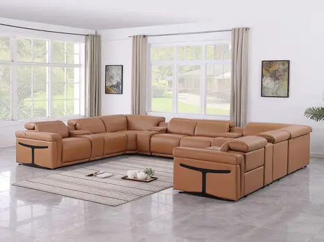 Chestnut Italian Leather Power Reclining U Shaped Ten Piece Corner Sectional With Console