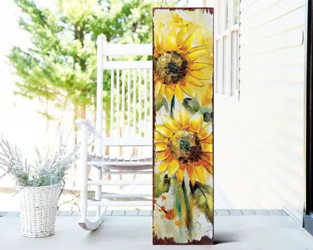 36" Brown Green And Yellow Solid Wood Sunflowers Porch Sign