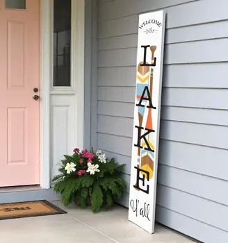 72" White And Black Solid Wood Welcome to The Lake Porch Sign