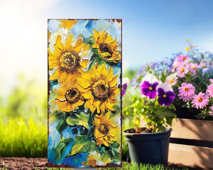 30" Yellow Brown And Green Solid Wood Sunflowers Garden Stake
