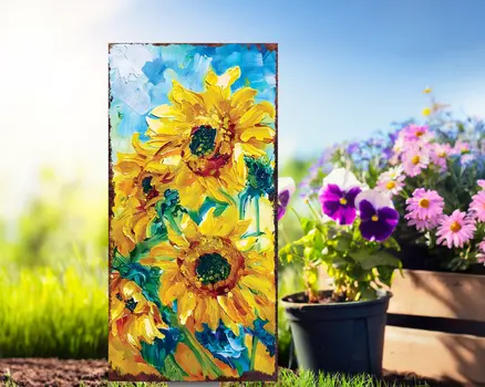 30" Yellow Brown And Green Solid Wood Sunflowers Garden Stake