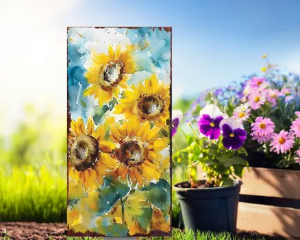 30" Yellow Brown And Blue Solid Wood Sunflowers Garden Stake