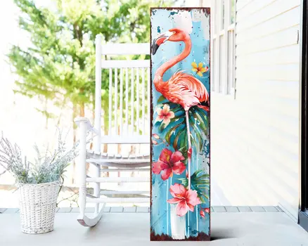 36" Pink And Blue Tropical Floral Solid Wood Flamingo Porch Sign