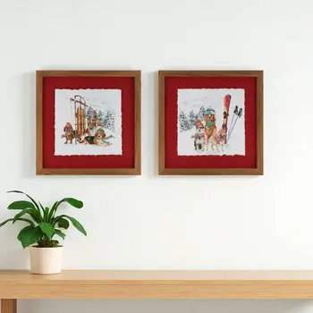 Set Of Two None Red White And Brown Framed Wall Art
