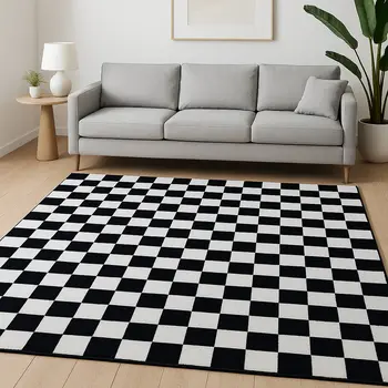 7' X 10' Black And White Checkered Area Rug